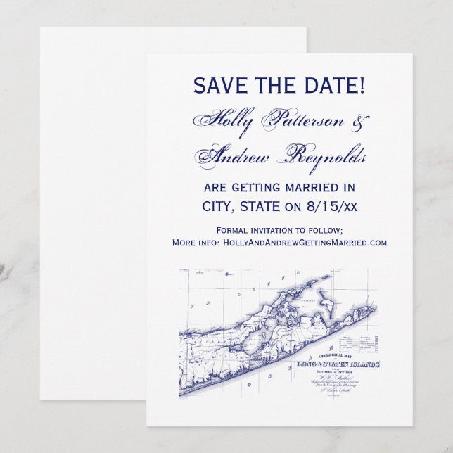 Invitación Mapa de Long Island The Hamptons para boda VC (Anverso / Reverso)