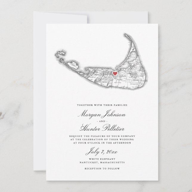 Invitación Mapa de MAMÁES de Nantucket Boda blanco y negro el (Anverso)