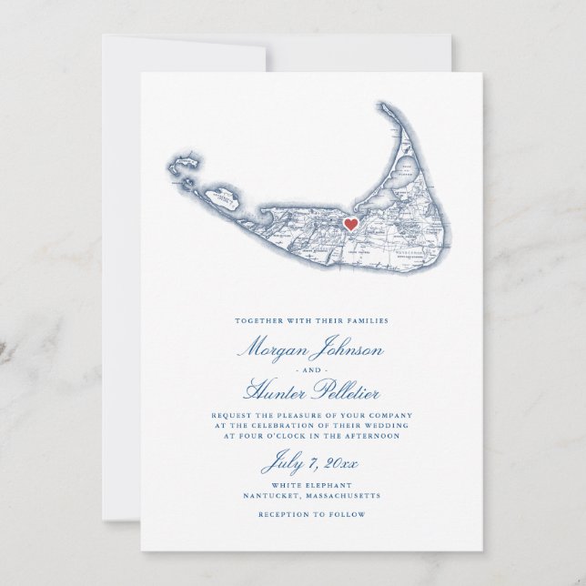 Invitación Mapa de MAMÁES de Nantucket Navy Boda azul elegant (Anverso)