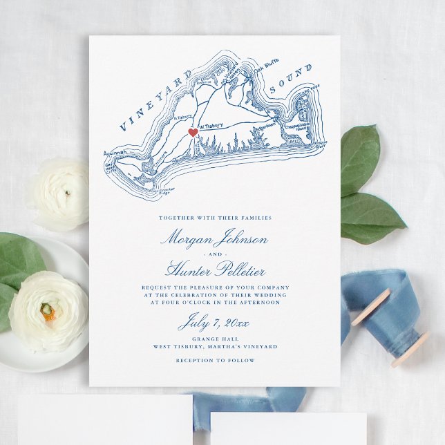 Invitación Mapa de MAMÁES de Tisbury Occidental Boda azul de  (West Tisbury Map Wedding Invitation for an elegant Navy Blue Martha's Vineyard Wedding)