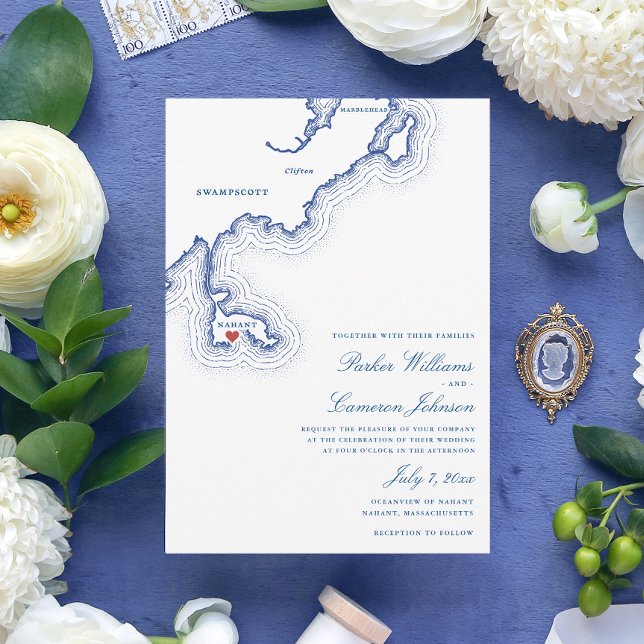 Invitación Mapa de MAMÁES Nahant Boda azul de la Marina Elega (Nahant MA Map Wedding Invitation for an elegant Navy Blue New England destination wedding)