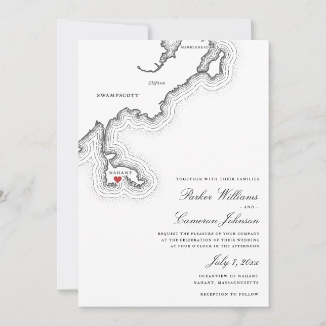 Invitación Mapa de MAMÁES Nahant Boda elegante en blanco y ne (Anverso)