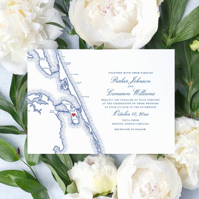 Invitación Mapa de Manteo NC OBX Boda de la Marina Elegante (Manteo North Carolina Wedding Invitation with elegant navy blue Outer Banks OBX map )