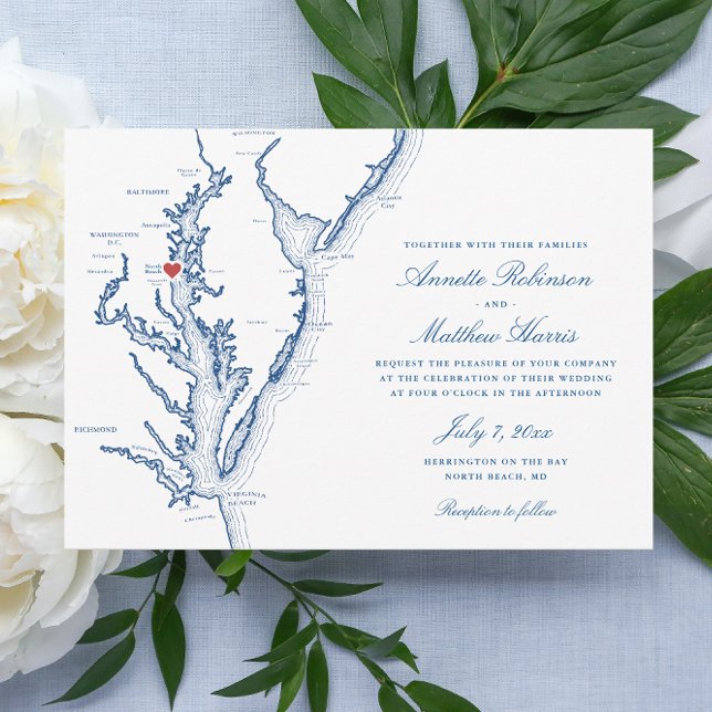 Invitación Mapa de Maryland en North Beach Boda de la Marina  (North Beach Maryland Wedding invitation with elegant navy blue map from Coastal Map Designs)