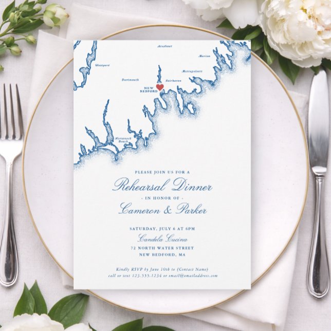 Invitación Mapa de New Bedford MA Cena de ensayo de boda (New Bedford Candela Cucina Wedding  Rehearsal Dinner Invitation in Navy Blue by Coastal Map Designs)