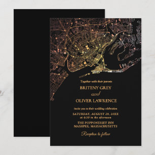 Invitación Mapa de Newport Rhode Island boda dorada