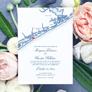 Invitación Mapa de North Topsail Beach Elegante Azul Marino B