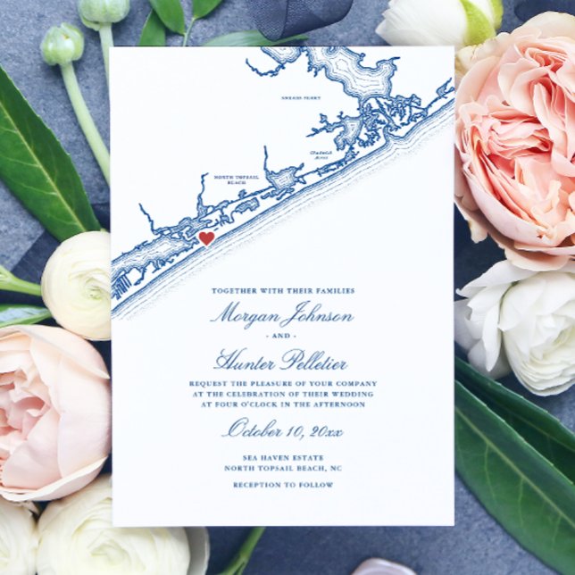 Invitación Mapa de North Topsail Beach Elegante Azul Marino B (North Topsail Beach NC Wedding Invitationin Elegant Navy Blue from Coastal Map Designs)