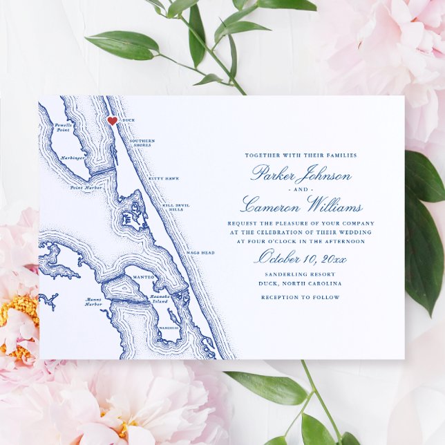 Invitación Mapa de pack NC Elegante Boda azul de la Marina (Duck NC Wedding Invitation for an elegant navy blue Outer Banks Wedding by Coastal Map Designs)