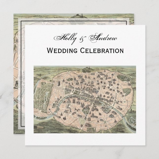 Invitación Mapa de París antiguo, Boda BG SQ de DIY (Anverso / Reverso)