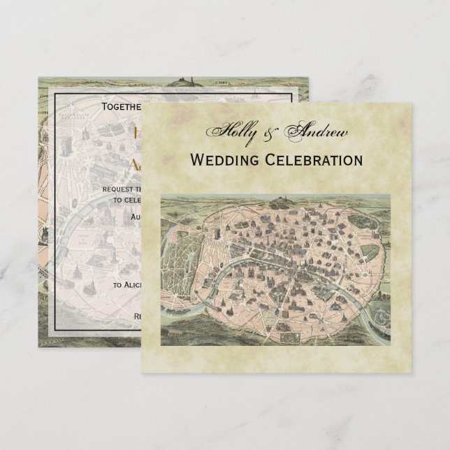 Invitación Mapa de París antiguo, Boda en problemas BG #3 SQ (Anverso / Reverso)