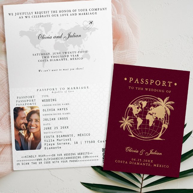 Invitación Mapa de Pasaporte Boda Tropical de Destino en Palm (passport wedding invitation card destination getaway tropical beach palm burgundy faux gold monogram)