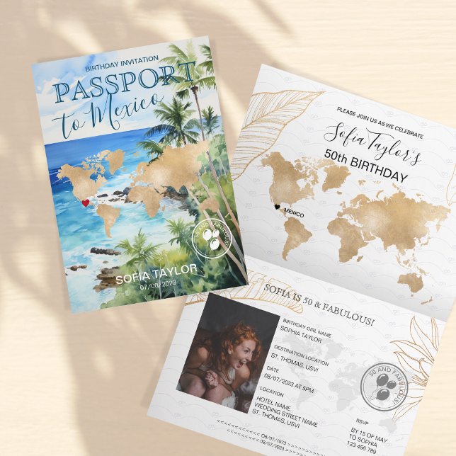 Invitación Mapa de pasaporte de cumpleaños de árbol de palmas (Subido por el creador)