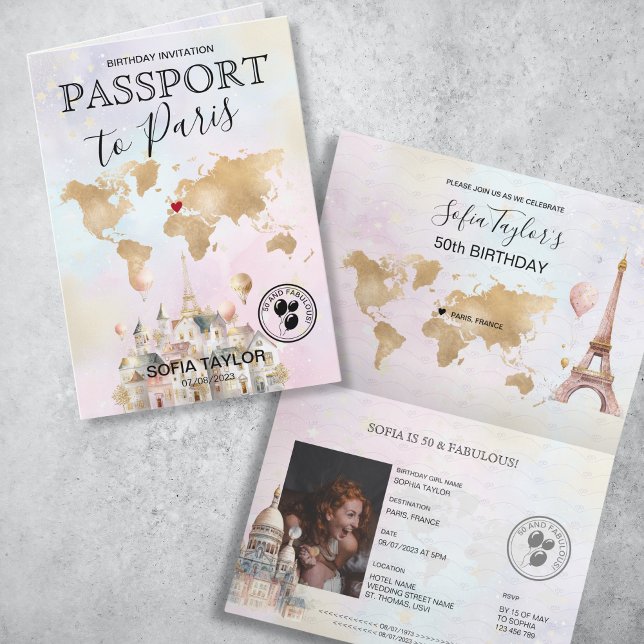 Invitación Mapa de pasaporte de cumpleaños de París Francia (paris birthday passport invitation with pastel watercolor illustrations and gold world map)