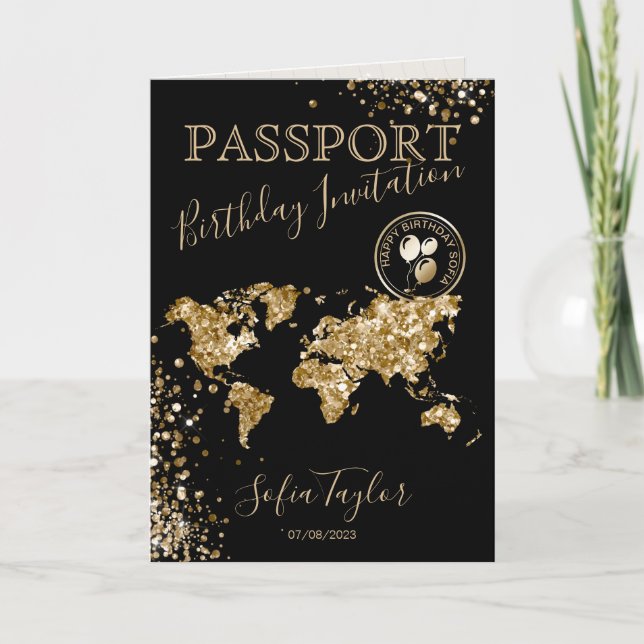 Invitación Mapa de pasaporte de cumpleaños feliz para purpuri (Anverso)