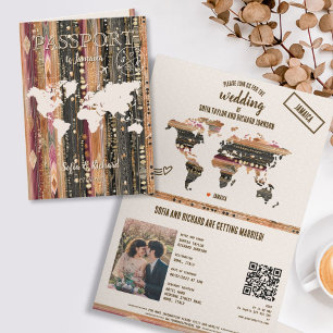 Invitación Mapa de pasaporte de destino de boda boho código Q