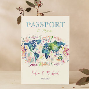Invitación Mapa de pasaporte de destino de Boda Boho colorido