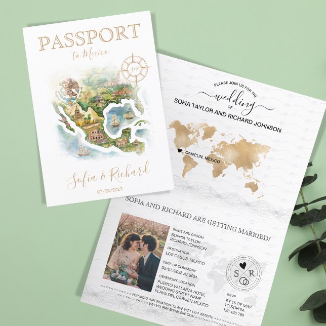 Invitación Mapa de pasaporte de destino de boda de México (illustrated watercolor map of mexico)