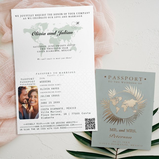 Invitación Mapa de Pasaporte Hoja Tropical Boda de Destino (passport wedding invitation card destination getaway tropical beach sage green leaf wreath monograms)