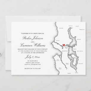 Invitación Mapa de Seattle Washington Elegante Boda en Blanco