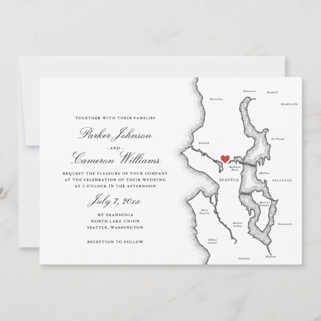 Invitación Mapa de Seattle Washington Elegante Boda en Blanco (Anverso)