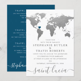 Invitación Mapa de viaje de bodas de destino Silver World