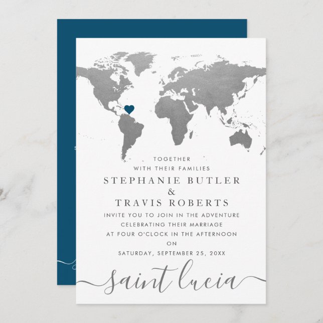 Invitación Mapa de viaje de Silver World para bodas en destin (Anverso / Reverso)