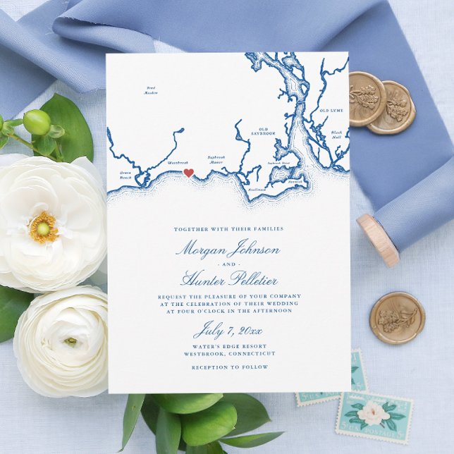 Invitación Mapa de Westbrook CT Elegante Boda Azul de la Mari (Westbrook CT Map Wedding Invitation for an elegant blue Connecticut seaside destination wedding )