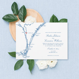 Invitación Mapa de Wilmington NC Elegante Azul Marino Boda