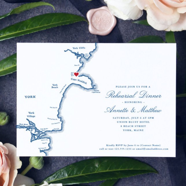 Invitación Mapa de York Elegante de la Marina Ensayo Cena (These York Beach, Maine Rehearsal Dinner invitations feature an elegant navy blue map of Maine)
