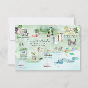 Invitación Mapa del itinerario de boda de destino en Santa Ba