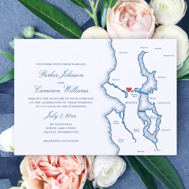 Invitación Mapa del lago Washington de Seattle Elegante boda  (Seattle Lake Washington Wedding Invitation in Elegant Navy Blue from Coastal Map Designs)