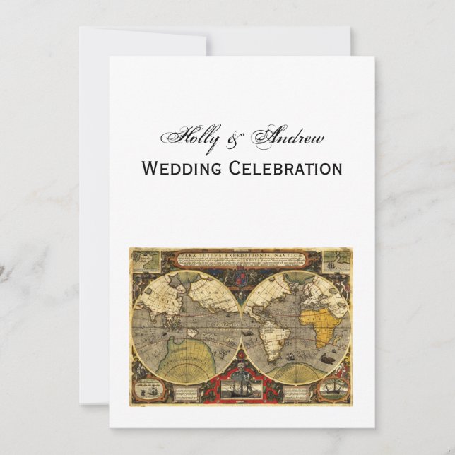 Invitación Mapa del Mundo Antiguo #2, DIY White BG V Boda (Anverso)