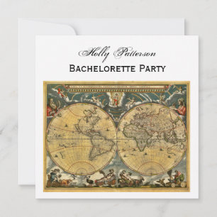 Invitación Mapa del mundo antiguo, Bachelorette White BG SQ