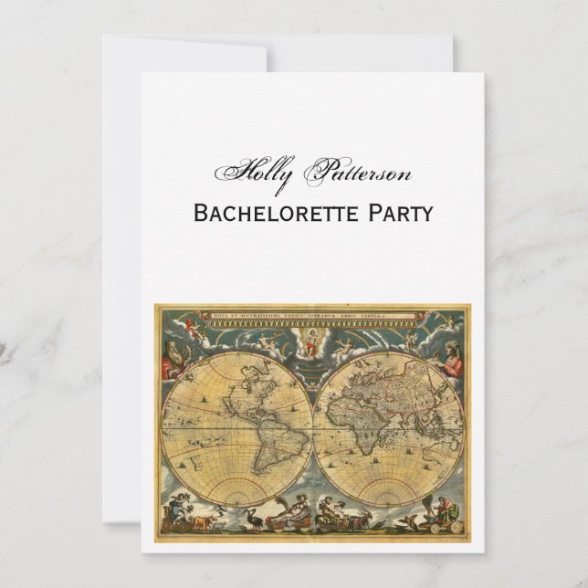 Invitación Mapa del Mundo Antiguo, BG Blanco V Bachelorette (Anverso)