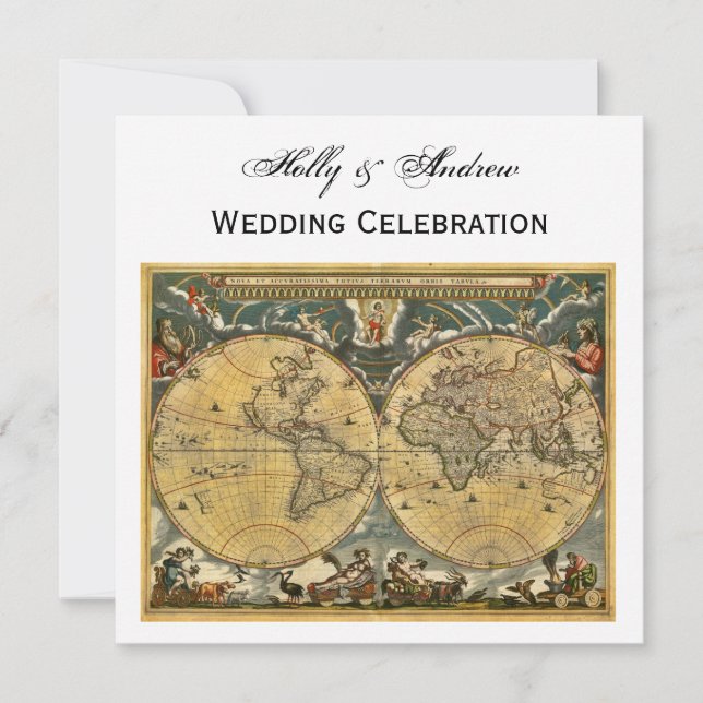 Invitación Mapa del Mundo Antiguo, Boda Blanco BG SQ (Anverso)