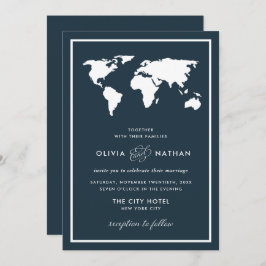 Invitación Mapa del mundo azul oscuro | Elegante Boda del tem