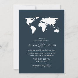 Invitación Mapa del mundo azul oscuro | Elegante Boda del tem