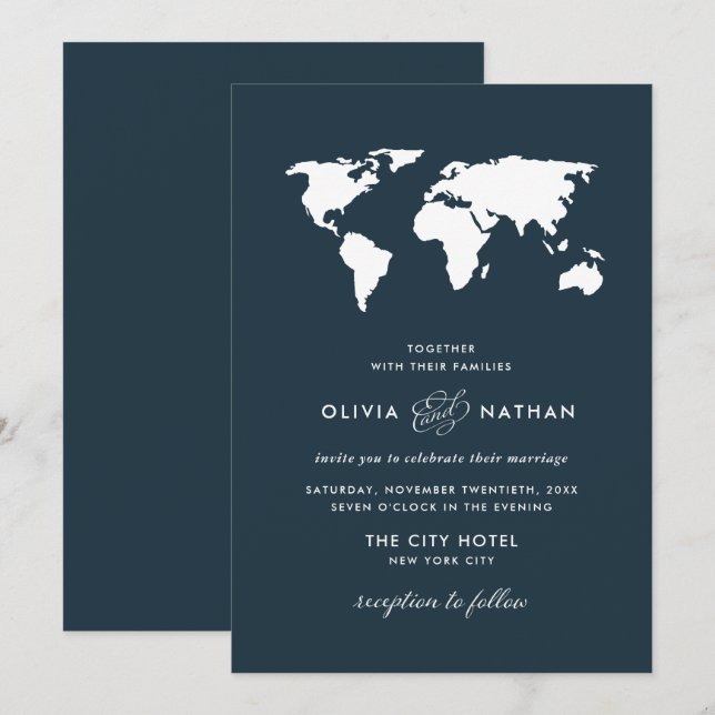 Invitación Mapa del mundo azul oscuro | Elegante Boda del tem (Anverso / Reverso)