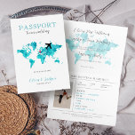 Invitación Mapa del mundo azul y la Casa de la Moneda de Pasa<br><div class="desc">Invitación al Mapa Mundial de Pasaporte de Boda de Destino</div>