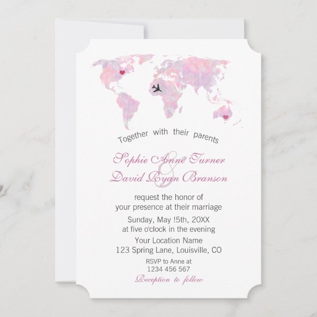 Invitación Mapa del mundo de acuarela de Boda de viajes perso (Anverso)