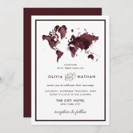 Invitación Mapa del mundo de Borgoña | Elegante Boda del tema
