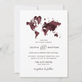 Invitación Mapa del mundo de Borgoña | Elegante Boda del tema