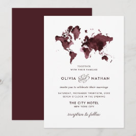 Invitación Mapa del mundo de Borgoña | Elegante Boda del tema