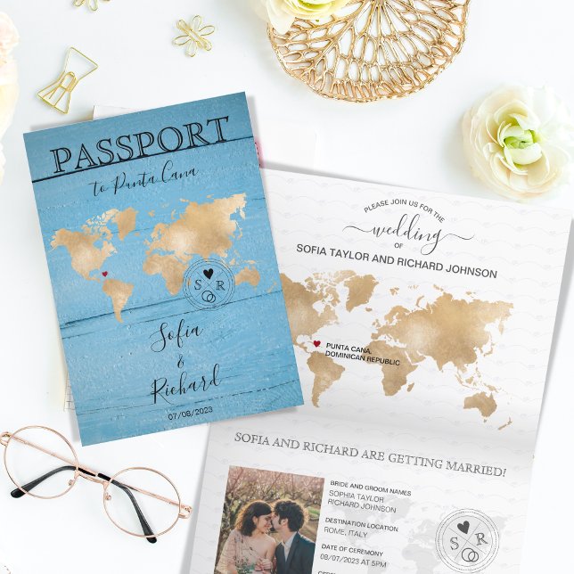 Invitación Mapa del mundo de Passport de boda de destino domi (Subido por el creador)