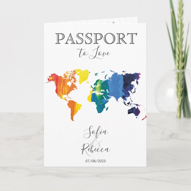 Invitación Mapa del mundo del arcoiris de la boda gay-lésbica (Anverso)