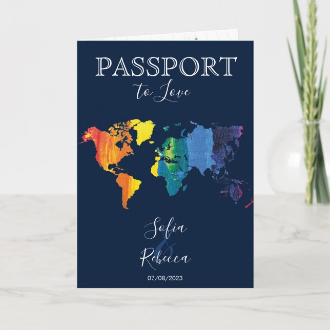 Invitación Mapa del mundo del arcoiris de la boda gay-lésbica (Anverso)