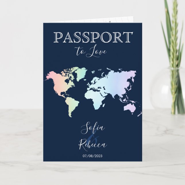 Invitación Mapa del mundo del arcoiris de la boda gay-lésbica (Anverso)