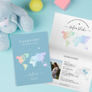 Invitación Mapa del mundo del moderno Dusty Blue Passport Bab