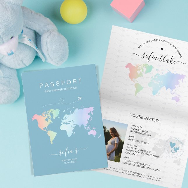 Invitación Mapa del mundo del moderno Dusty Blue Passport Bab (Subido por el creador)